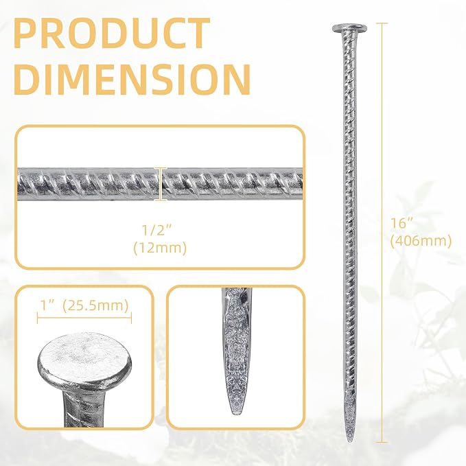 16 Inch Rebar Stakes, 1/2 Inch Diameter Galvanized Steel Ground Anchors, Heavy Duty Metal Spikes for Speed Bump, Wheel Stop, Parking Curb and Tent (24 Pack, Silver)