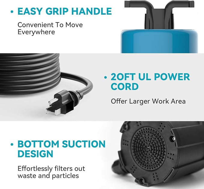 Automatic Water Pump, 2250GPH Sump Pump Submersible Basement Portable Electric Utility Water Pump Removal for Pool Draining Basement Hot Tubs Garden Pool Cover Pond, Deep blue
