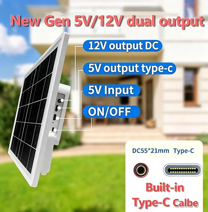 8W Solar Panel with 12000mAh Battery, 5V/12V USB C & DC Dual Output, IP65 Waterproof Solar Charger, Solar Panel for Security Camera, Trail Camera, Video Doorbell