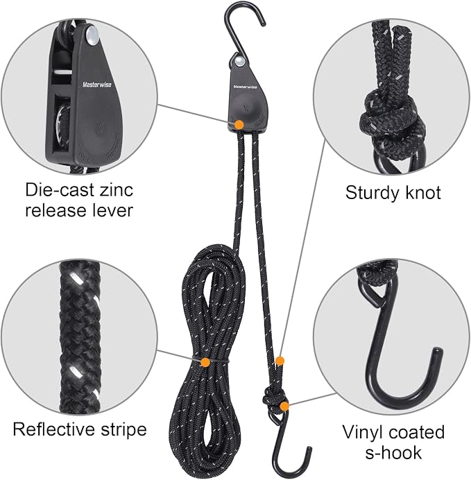 1/4" x12' Kayak Tie Down Straps with Reflective Stripe, Boat Trailer Straps Canoe Bow and Stern Rope Hanger Kayak and Canoe Accessories (Black, 4PCS)