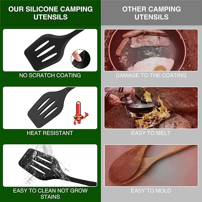 Wesqunie Camping Essentials Cookware Cooking Utensils Set - Portable Camp Kitchen Mess Kit Outdoor Accessories, Stainless Steel & Silicone, Camping Gear Equipment for RV Picnic Grill, 14PCS Green
