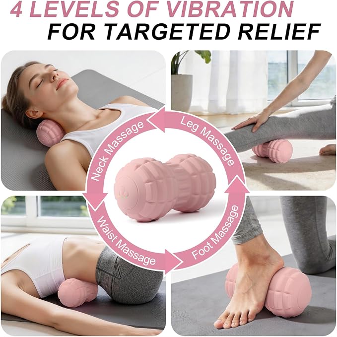 Silicone Vibrating Peanut Massage Ball Roller, Water Resistant Electric Double Lacrosse Massage Ball with 4 Intensities for Muscle Tightness, Deep Tissue Massager for Foot, Back, Hip (Pink)