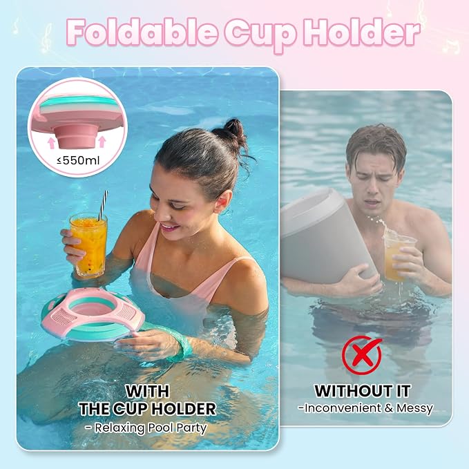 Mambobaby Float Bluetooth Speaker with Foldable Cup Holder, IPX7 Waterproof Bathroom Speaker, 360° Surround Sound, Colorful LED Lights, Dual Speakers, Ideal for Pool, Beach & Outdoor Use-Pink Green