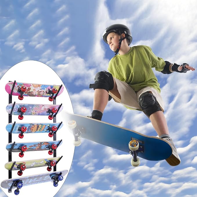 6 tiers Skateboard Wall Mount Longboard Rack Storage + 4pcs Skateboard Hanger Skate Deck Display Holder