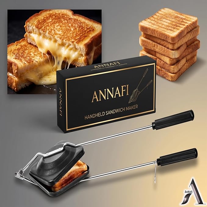 AnNafi® Sandwich Maker | Sandwich Press Grill For Gas Stove | Non Stick Hand Toaster Pan For Hot & Crisp Grilled Cheese Sandwiches & Cubano | Easy to Use Cast Iron Flying Saucer For Outside Campfire
