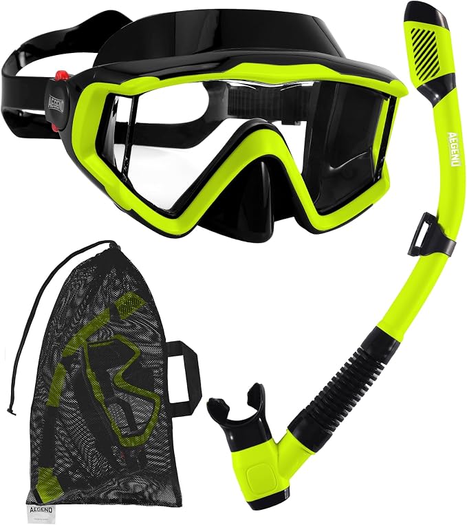 Aegend Snorkeling Gear for Adults Youth Kids, Snorkel Mask with Top Dry Valve - Panoramic View Anti-Leak and Anti-Fog with Mesh Bag for Snorkeling, Scuba Diving, Freediving & Swimming