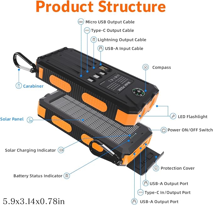 Solar Power Bank 20000mAh, 4 Built-in Cables, Portable Phone Charger