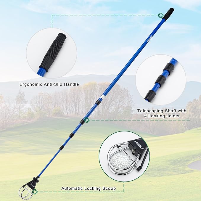 BOBOPRO Golf Ball Retriever Telescopic for Water,12Ft/15Ft Ball Retriever Tool Golf,Stainless Locking Head and Dual-Zip Headcover,Golf Ball Grabber with Non-Slip Handle,Aluminum Extendable Shaft