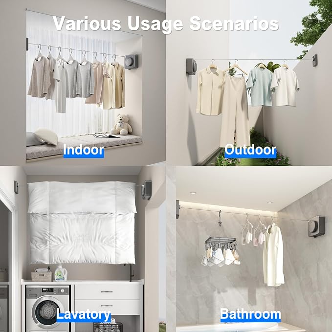 MUSTORN Retractable Clothesline Indoor, Non-Sagging Outdoor Clothes Line Retracting Heavy Duty Clothes Drying Laundry Line Wall Mounted Stainless Steel Line-15.1 Feets(Square-Gray)