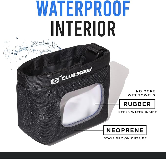 Club Scrub Golf Club and Golf Ball Cleaning Bag, Waterproof Clean Face Technology Liner, Detachable Clip, Machine Washable, Cleans Club Grooves, Dry Exterior (Neoprene or Microfiber Option Available)