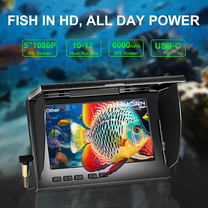 Fishing Camera 5" IPS 1080P 220° Angle 50ft Cable for Ice Lake Boat Kayak | 220° Ultra-Wide Lens, IR Night Vision, 6000mAh Battery, IP68 Waterproof, for Ice Lake Boat Kayak Pier Fishing