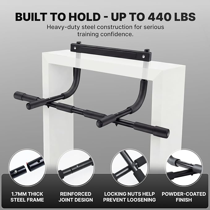 DMoose Fitness Pull Up Bar for Doorway - Upto 250 Lbs Capacity, No Screwing or Slipping, Hanging Pullup & Chin Up Bar for Door Frame - Multi Padded Grips for Strength Training with Installation Guide