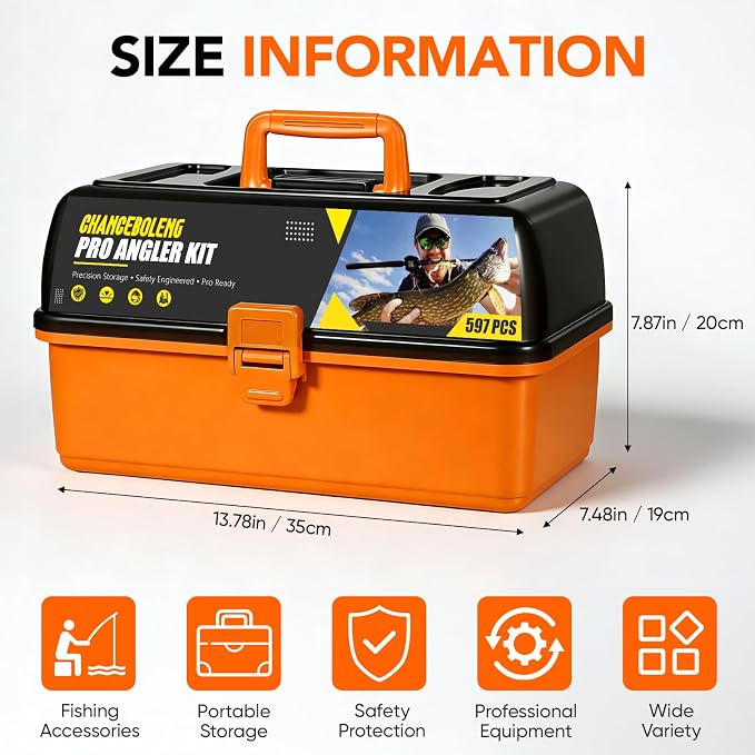597Pcs Fishing Lures Kit Large 4-Layer Tackle Box whit Tackle，Pliers, Crankbait, Hooks, Weights & Accessories Complete Freshwater Bass Fishing Gift for Men Fishing Enthusiast