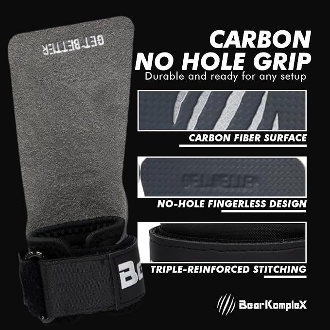 Bear KompleX No Hole Hand Grips - Non-Slip Fingerless Gymnastics Grips for Weight Lifting, Pull-ups & Cross Training | Lightweight, Padded Wrists & Foldable Grip.