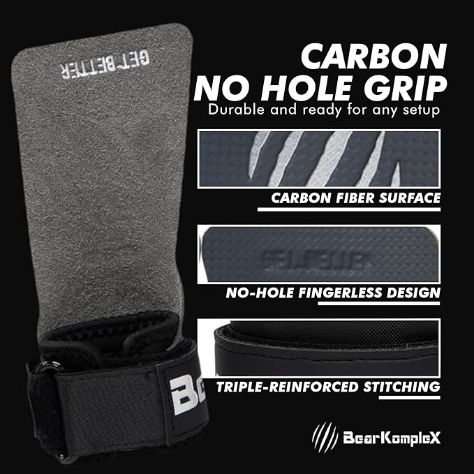 Bear KompleX No Hole Hand Grips - Non-Slip Fingerless Gymnastics Grips for Weight Lifting, Pull-ups & Cross Training | Lightweight, Padded Wrists & Foldable Grip.