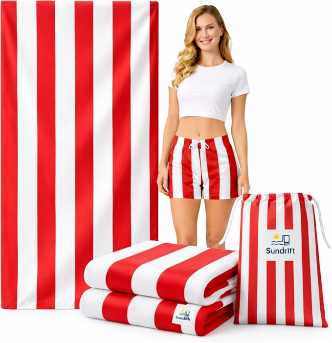 Oversized Microfiber Beach Towel 71x36 Inch, Quick Dry Sand Free Travel Towel, Lightweight Sueded Beach Blanket for Pool, Camping, Yoga & Beach Trips (Red/White)