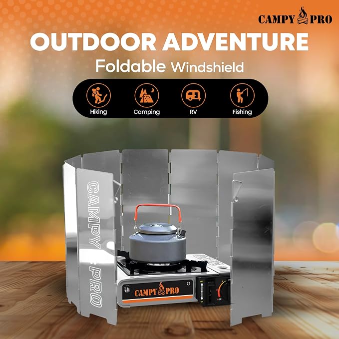 Silver Camping Stove Windscreen, 12-Plates Premium Aluminum Wind Guard Shield, Foldable Portable Design with Storage Box, Heavy-Duty, Butane Burner Windshield for Outdoor Cooking