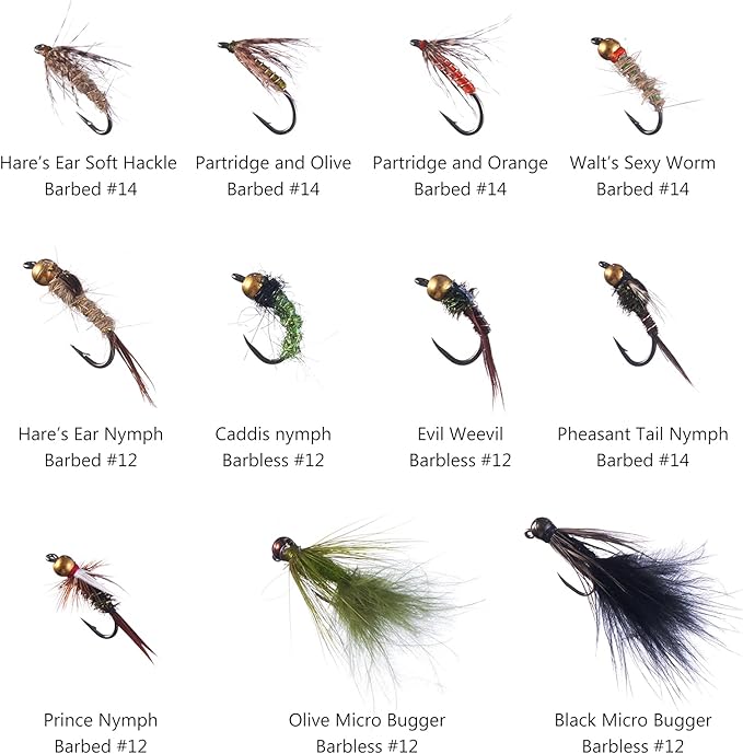 BASSDASH Fly Fishing Flies Kit Fly Assortment Trout Bass Fishing with Fly Box with Dry/Wet Flies, Nymphs, Streamers, Popper