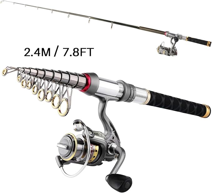 Telescopic Fishing Rod Reel Combo Travel Spinning Pole Set with Accessory | Saltwater Freshwater Fishing Gear Tool Kit with Carbon Fiber Rod Reel Lures Hooks Carrier Bag for Kids Adults Beginner