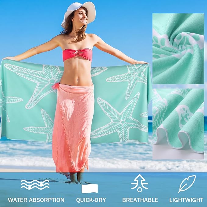 Tegeme 4 Pack Coastal Starfish Microfiber Thin Beach Towel Lightweight 71x36 Oversized Extra Large Sand Free Towels Quick Dry for Travel Pool Yoga Sports Beach Accessories Vacation Essential Gift