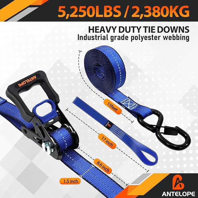 Ratchet Tie Down Straps Set, 5250 LBS Breaking Strength, 4 Pack 1.5" x 8' Heavy Duty Ratchet Straps, Cargo Strap, Motorcycle Straps for Trucks, Bicycle, Kayak, Moving, Tie Downs with S Hooks, Blue