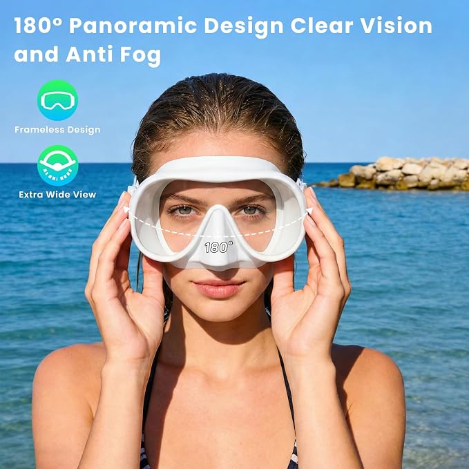 Snorkeling Gear for Adults, Snorkel Set Adult, Scuba Diving Mask, Panoramic View Anti-Leak Anti-Fog Dive Swimming Goggles Tempered Glass Panoramic Wide View Travel Portable Foldable