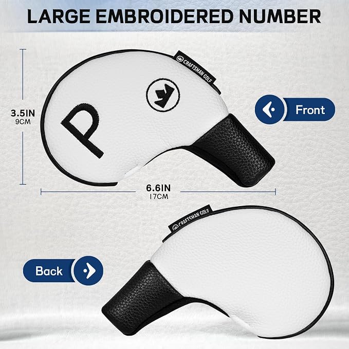 Craftsman Golf Premium PU Leather White and Black Iron Head Covers Set of 10 with Embroidered Club No. (4-9, PW, AW, SW, Blank) Soft Protective Lining Secure Fit Gift for Men Women