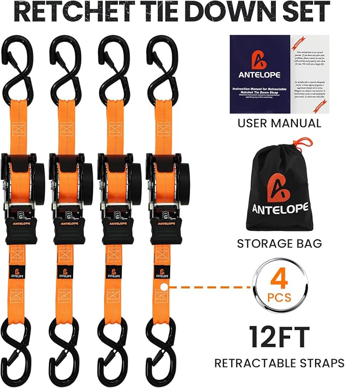 Retractable Ratchet Straps 1 in x 12 ft, 4-Pack Auto Retract Tie Down Straps, 1500lb Break Strength AutoRetract Self Retracting for Motorcycle, Truck, Cargo, Trailer, ATV, UTV -Orange