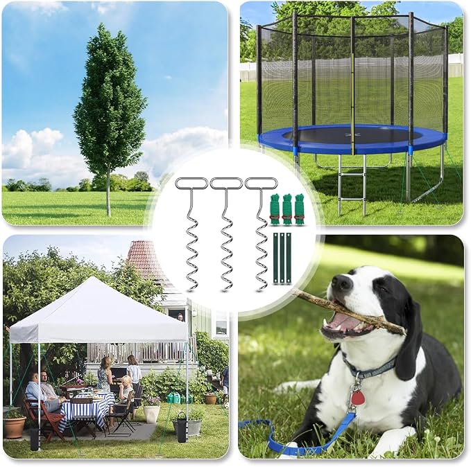 3 Tree Stakes and Supports,16in Spiral Tree Stake Kits for Leaning Young Trees Straightening Against Strong Wind Bad Weather, Heavy Duty Ground Anchors for Trampoline,Tent,Canopy Gazebos,Shed