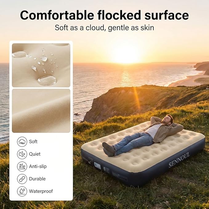 SENNOUL Air Mattress Queen with Built in Pump - Upgraded Blow Up Bed, 2 Mins Quick Self Inflatable, 13"/650lbs Max, Strong Support, All Night No Lost Air, for Camping,Home,Guests & Portable Travel