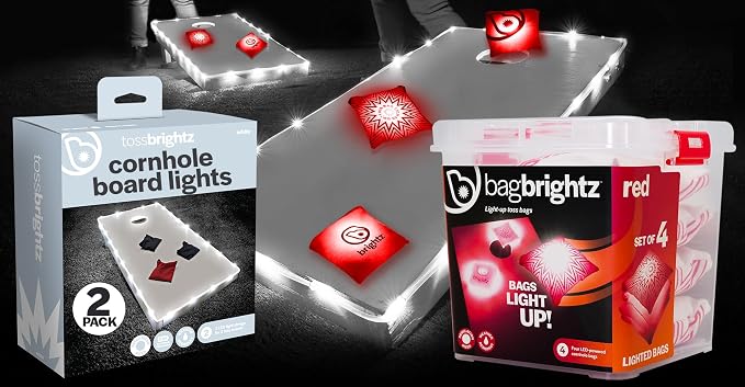 Brightz Cornhole Board Edge Lights with LED Bags - Includes 4-Pack of LED Cornhole Bags + TossBrightz Cornhole Board Edge Lights - The Ultimate Night Time Cornhole Master Set