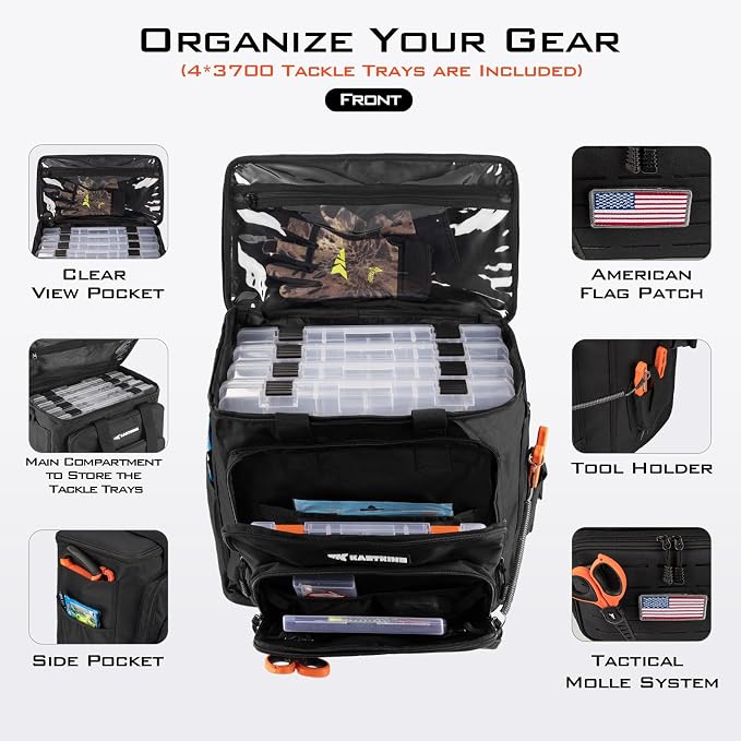 KastKing Karryall with Box Tackle Bag, Saltwater & Freshwater Gear Storage | 4 x 3700 Tackle Trays are included, Water-resistant, Padded Shoulder Strap, 42L, Store up to (8) 3600 size Lure Boxes