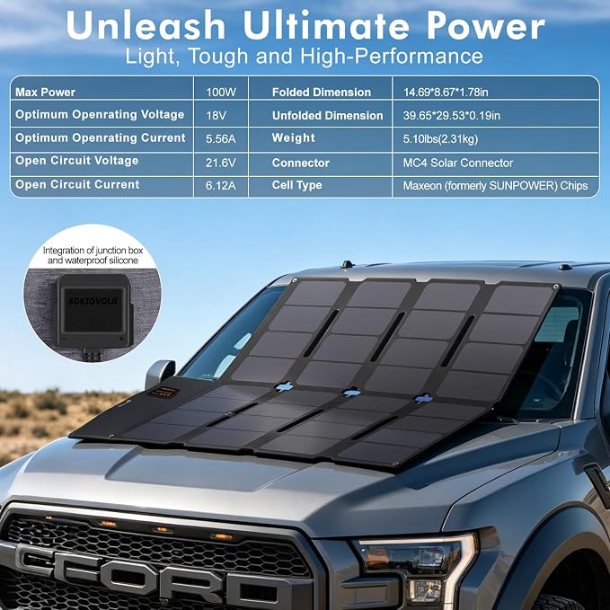 SOKIOVOLA 100W Portable Solar Panel MC-4 Foldable Solar Panel Charger Kits 18V IP68 Waterproof Lightweight and Compact for Small Power Station RV Travel Outdoor Activities