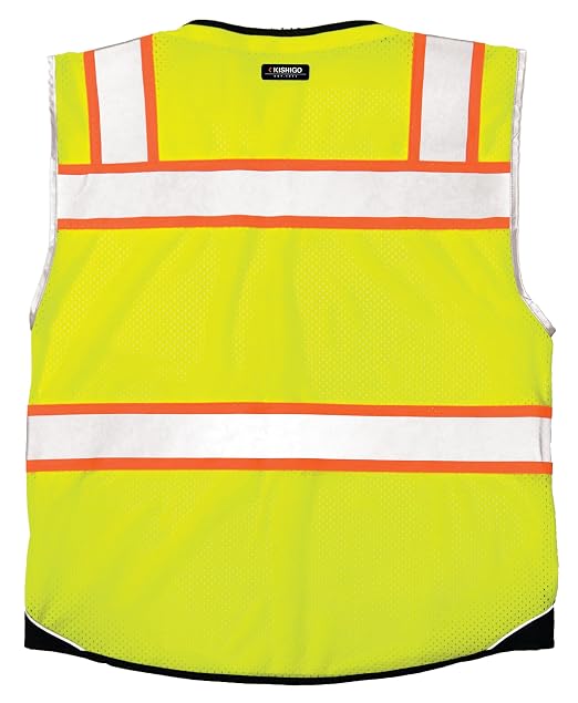 Kishigo Men's High Visibility Reflective Premium Black Series Black Bottom Vest 1515, Zipper Closure, Polyester, ANSI 107 Type R/Class 2, Construction, Utility, Waste Management (Lime, 3X)