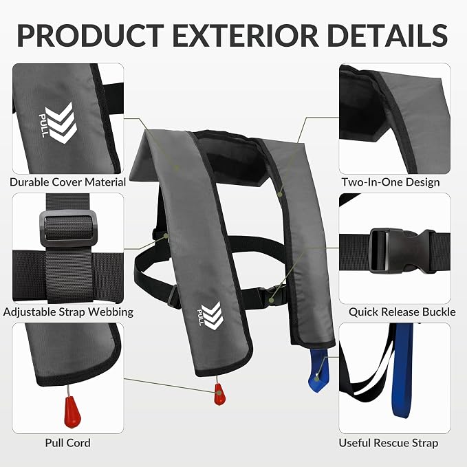 Automatic Inflatable Life Jackets for Adults Life Vests PFD Low Profile Load Capacity Up to 330lbs