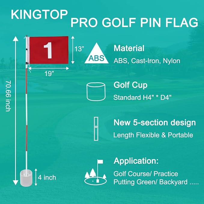 KINGTOP Golf Flagstick with USA Golf Flag, Putting Green Flags Hole Cup Set, 6 Feet in Height, Golf Pin Flags for Driving Range Backyard, 5-Section Design, with Additional Putting Green Replacement