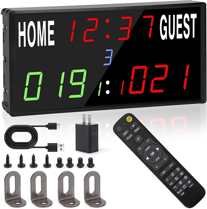 LED Electronic Scoreboard Digital Score Keeper with Remote/Timer/Shot Clock,Portable Basketball Scoreboard with 40-Foot Remote Control ,100FT VISIBLE,24H Clock,Score History,6 Brightness,3 Placements