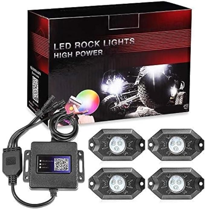 OFFROADTOWN RGB LED Rock Lights Kit 4 pods Neon Trail Rig Light Underglow with Bluetooth App Control for UTV ATV Polaris Can-Am Yamaha Honda Kawasaki Boat Motorcycle
