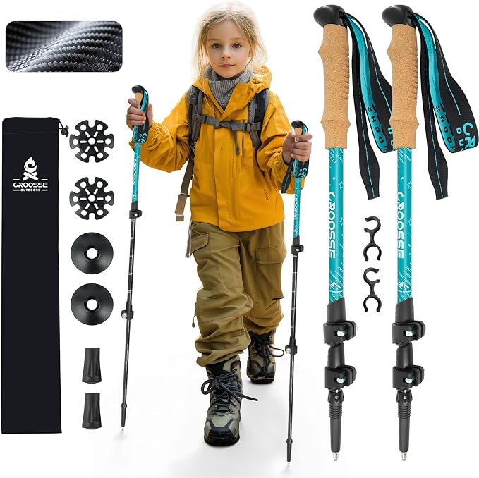 Carbon Fiber Kids Hiking Poles - Lightweight Adjustable Hiking Stick and Trekking Poles for Children, 1 Pair Collapsible Kids Walking Stick with Cork Grips for Hiking and Skiing