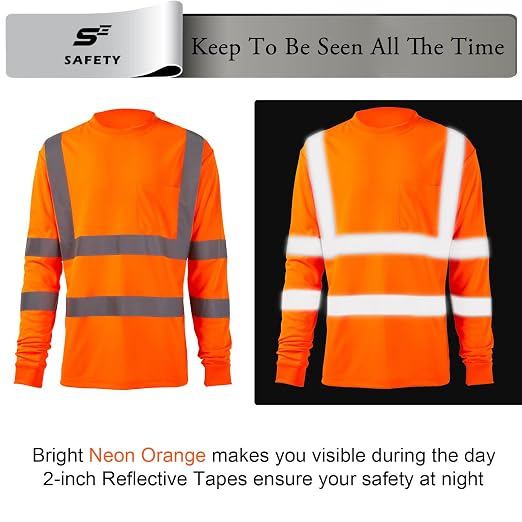 sesafety High Visibility Long Sleeve Construction Work Shirts Orange L