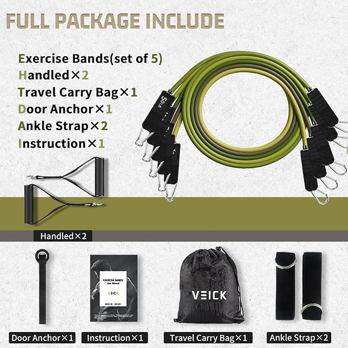 VEICK Resistance Bands Set, 10-150 LBS Stackable Exercise Bands with Handles, Ankle Straps & Door Anchor, Workout Bands for Home Gym, Yoga, Pilates, Physical Therapy for Men Women