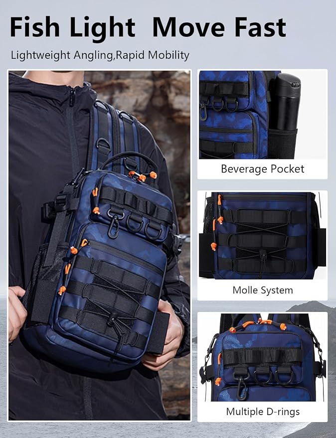 2 in 1 Compact Tactical Fishing Backpack with Tackle Boxes, Lightweight Waterproof Tackle Bag Fit 2 * 3600 Tackle Boxes, 2 Rod Holders Storage, Fishing Accessories Gift for Men Blue