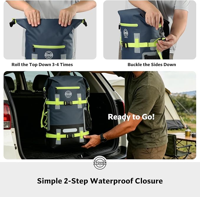 STOVER 30L Waterproof Dry Backpack & Phone Case - X-Large Floating Dry Bag for Kayaking, Travel, Hiking, Fishing, Camping, Motorcycles & Beach, Heavy-Duty Roll Top Men/Women (Navy Blue/Black/Green)
