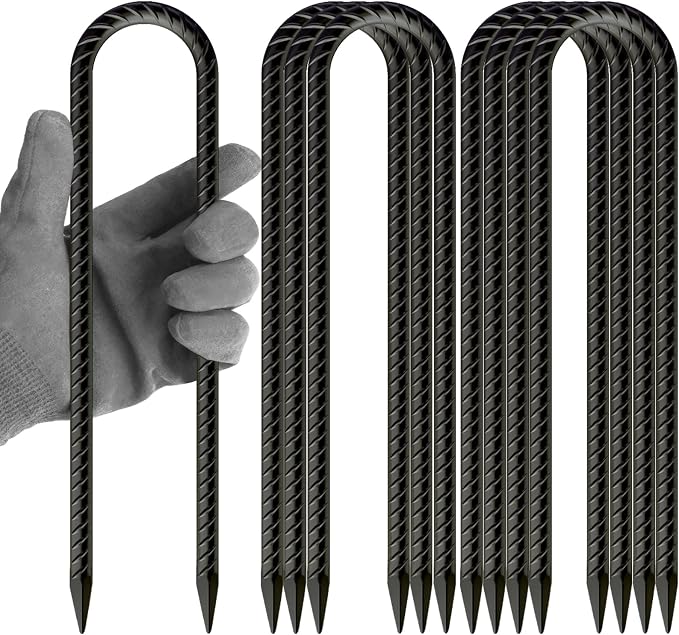 12 Inch U Shaped Trampoline Stakes 8 Pack, 5/16" Diameter Heavy Duty Steel Wind Resistant Rebar Stakes, Black E-Coated Anti-Rust Ground Stakes for Trampoline, Swing Set, Bounce House Safety