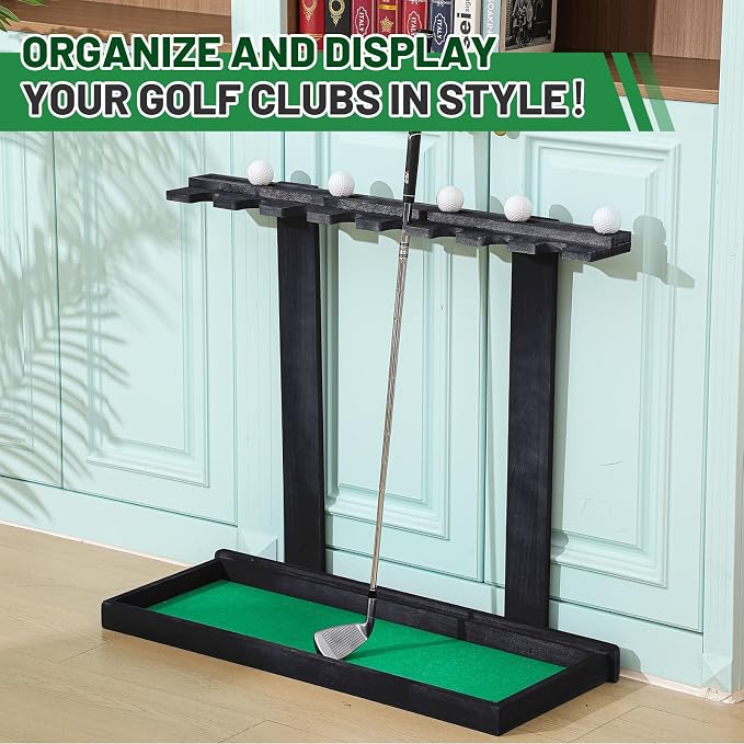 Blosssound Golf Putter Stand for 8 Clubs & 12 Balls Wooden Golf Club Holder Golfs Rack Display Organizer Storage with Artificial Grass Mat for Sports Indoor Home Garage Accessories