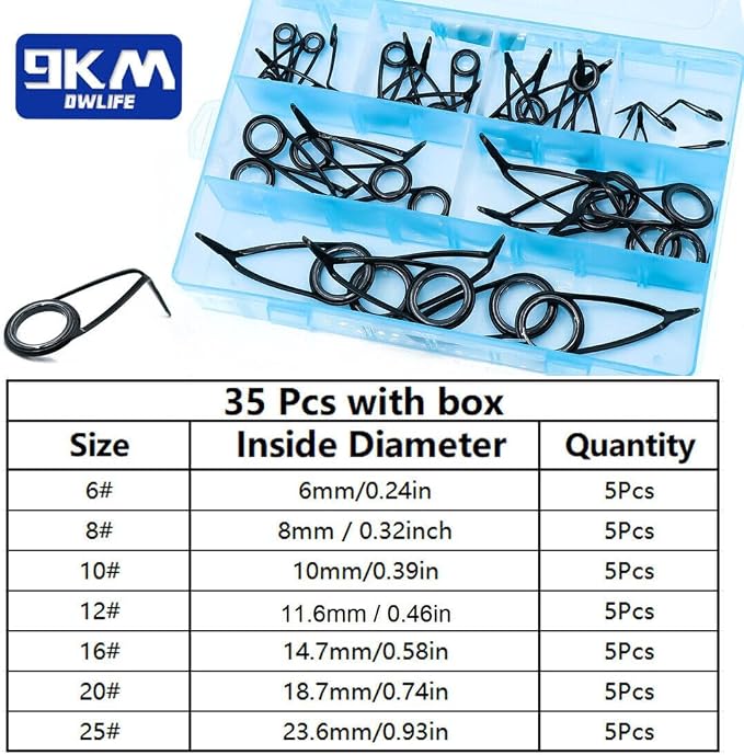 9KM DWLIFE Fishing Rod Repair Kit (50/100/120Pcs), Fishing Rod Guides with Zirconia Inserts, Spinning & Casting Rod Eyelets Replacement, Fishing Pole Repair Parts for Saltwater Freshwater
