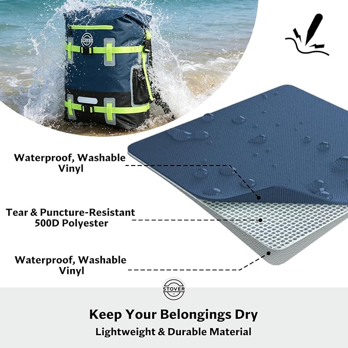 STOVER 55L Waterproof Dry Backpack & Phone Case - 2XL Floating Dry Bag for Kayaking, Travel, Hiking, Fishing, Camping, Motorcycles & Beach, Heavy-Duty Roll Top Men/Women (Navy Blue/Black/Green)