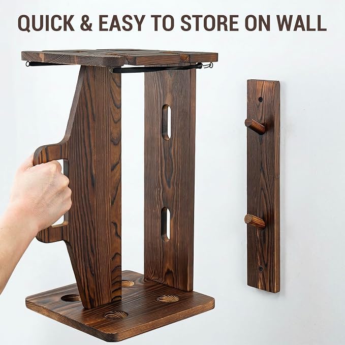 MyGift Rustic Dark Burnt Solid Wood Portable Fishing Rod Rack — Carry & Display Fishing Pole Storage Holder, Wall-Mounted or Freestanding Organizer for Rods & Reels
