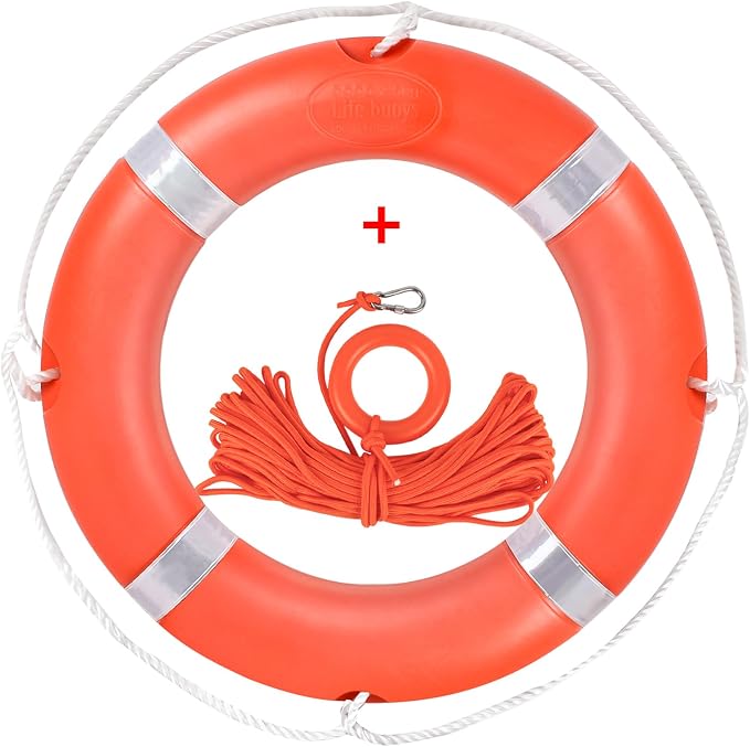 Life Preserver Ring 23"/28", Boat Safety Throw Rings with Bracket, Orange Buoy with Rope 98.5 FT and Reflective Tape for Boat