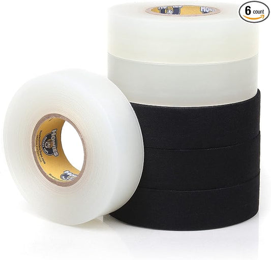 Howies Hockey Tape | 6-Pack Combos of Cloth Stick Tape (White/Black) & Shin Pad Tape (Clear) | Pro Grip & Durability | Made in USA